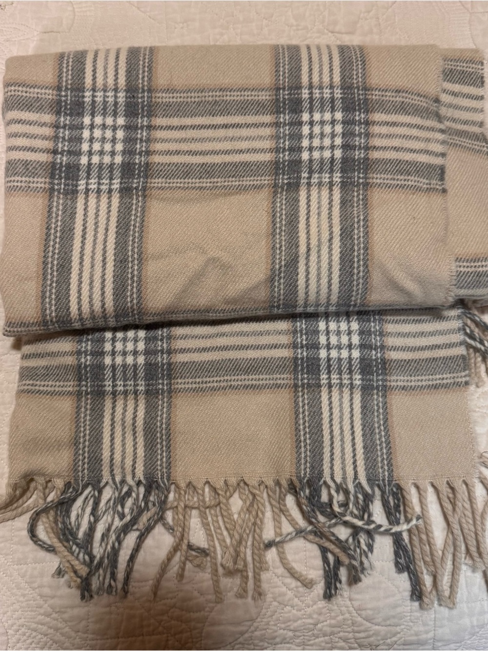 J. Crew Beige and Gray Plaid Fringe Scarf